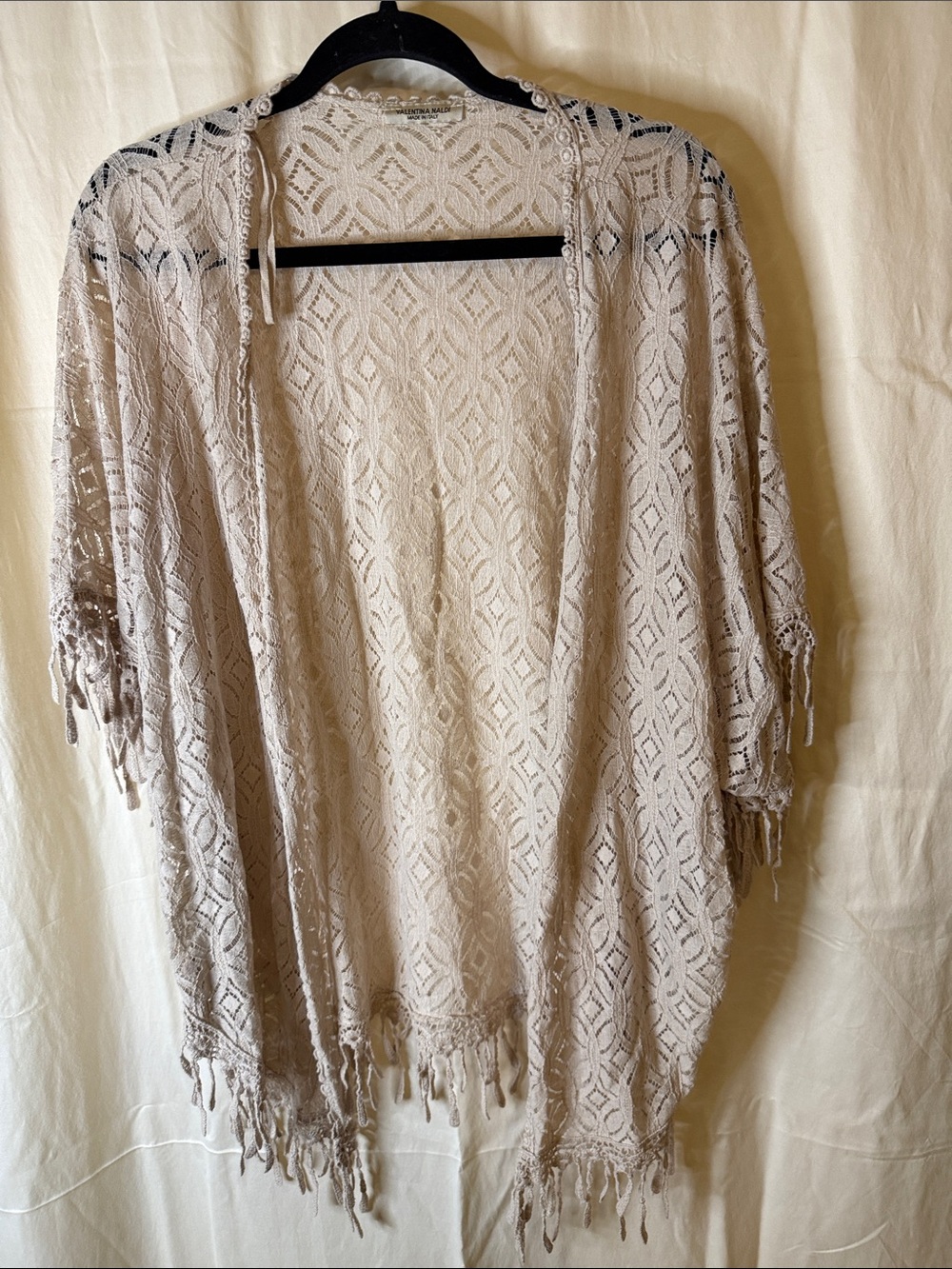 Light Beige Crochet Kimono Cardigan with Fringe